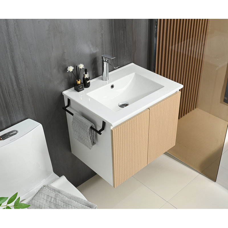 Compartiment de rangement flottant pour meuble-lavabo mural avec porte-serviettes, idéal pour organiser les articles de salle de bain essentiels et améliorer l'utilisation de l'espace