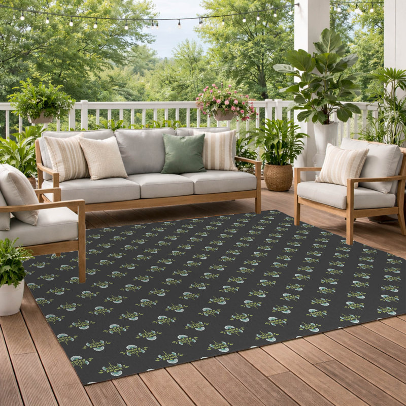 Flora Decorative Outdoor Rug, Charcoal, Rectangle 2' x 3'