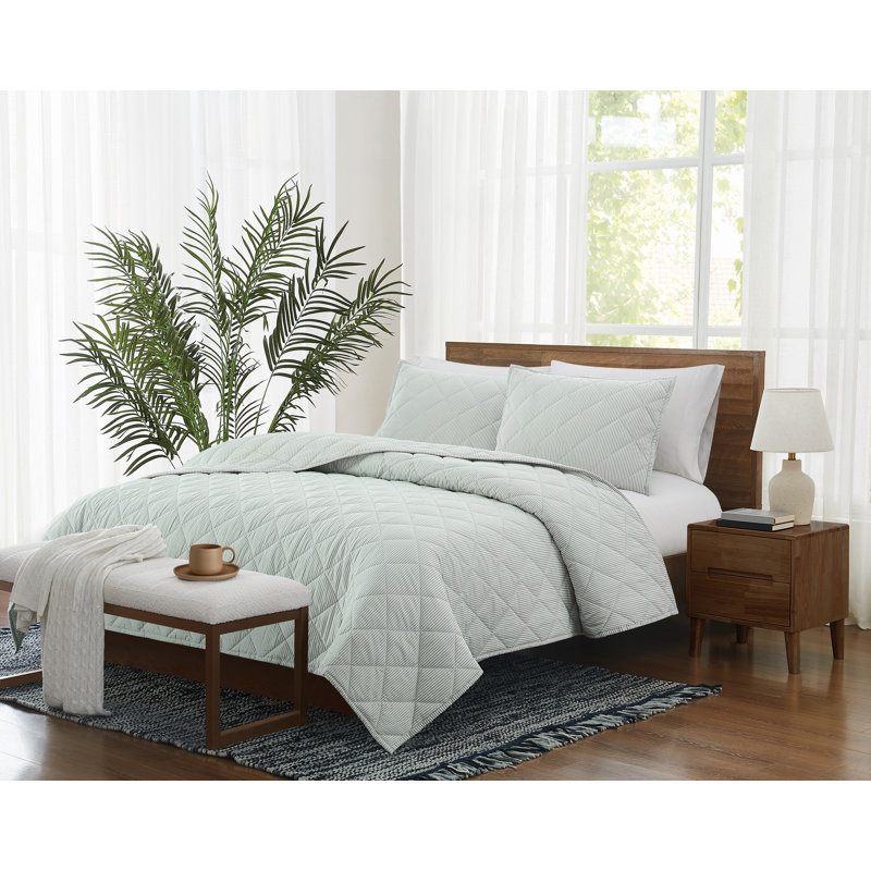 Ensemble de courtepointe Brooklyn Loom Pinstripe, Courtepointe pour lit simple + 1 taie décorative , Blanc / sauge