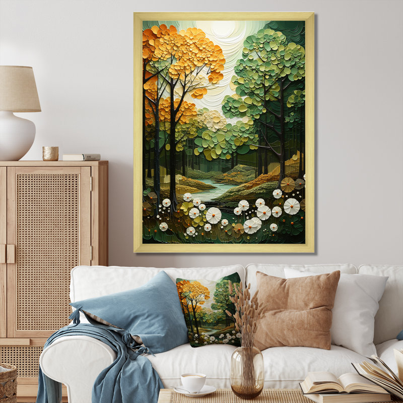 «Orange Orange Trees Canopy Patchwork V», reproduction sur toile, H 32 po x l 16 po x P 1 po, Encadrement doré