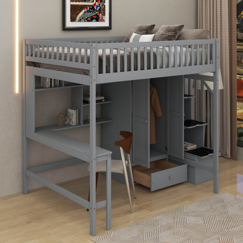Lit mezzanine double avec tiroirs, bureau et garde-robe, Gris
