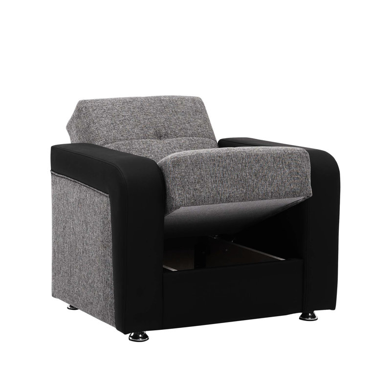 Armchair With Storage, Grey. Convert To Sleeper Easily. Quality From Turkey. Fits Small Spaces. Chenille Upholstered. 300 Lbs Capacity. Comfy Seat. Spot Clean. 28.17 In W. 32.56 H. 35.68 D. 97.05 Lb.