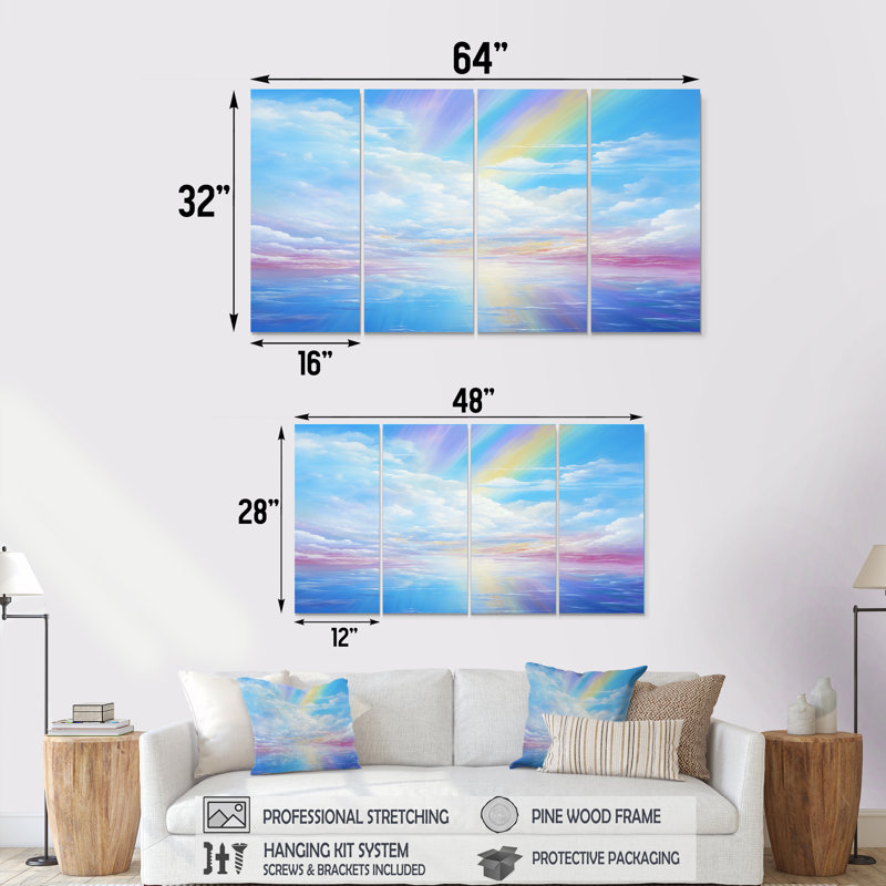 Rainbow In Pink Clouds Blue Sky - Clouds Wall Art, ensemble de 4 pièces, H 32 po x l 64 po
