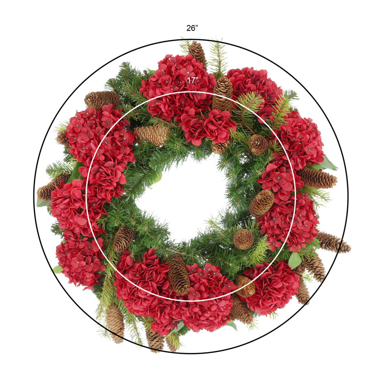 Couronne de Noël 26 po avec hortensias et pommes de pin