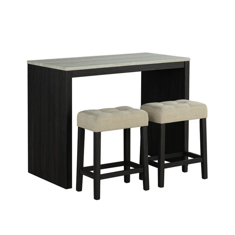 Zainy 3pc Counter Height Table Set with Beige Tufted Stools, Brown Wood