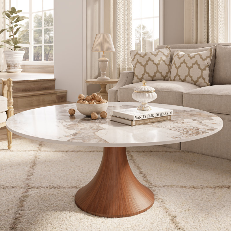 Mid-Century Modern Stone Marble Effect Round Coffee Table Solid Wood Pedestal Table For Living Room & Home Decor
