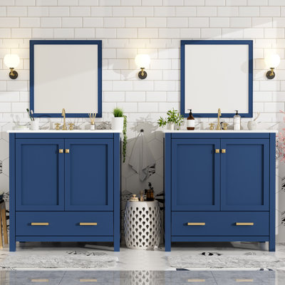 Ensemble de meuble-lavabo 60 po avec lavabos doubles (séparés), lavabos doubles en céramique, tablette de rangement et tiroirs divisés (miroir non inclus)