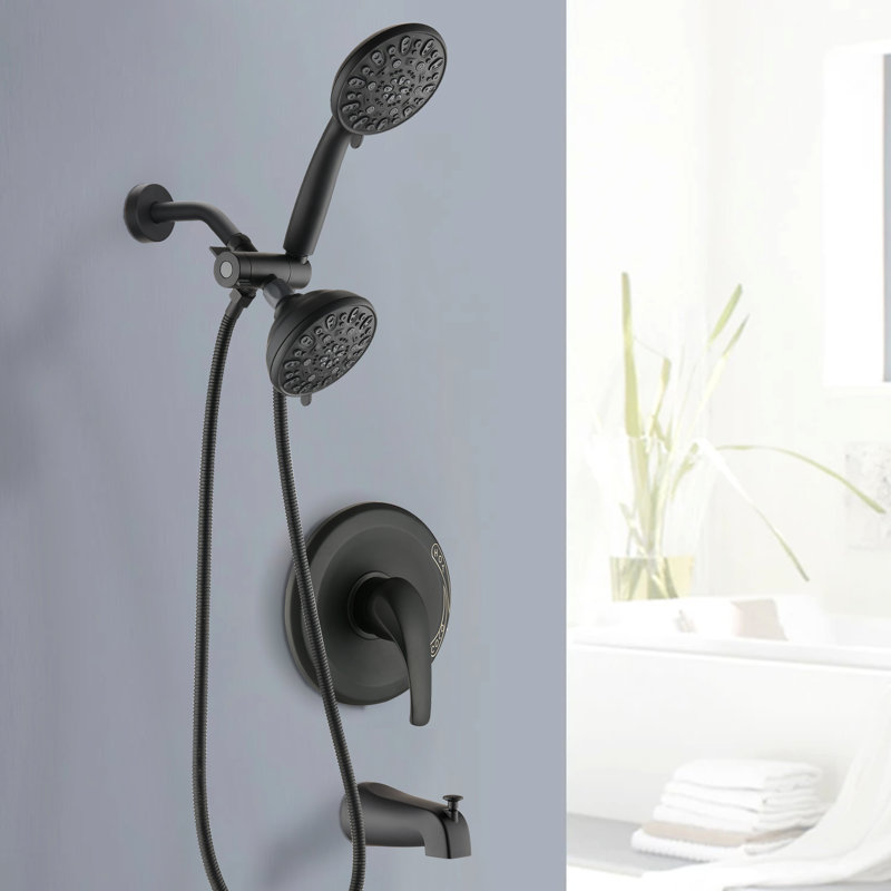 Matte Black Wall Mounted Shower Tub . High 2 In 1 Dual . 7 Spray Modes Head & Hand Shower. All Metal Structure. 1.8 Gpm Flow Rate. 59" Hose. 1/2" Connection System. With Spout. Patterns. Metal.