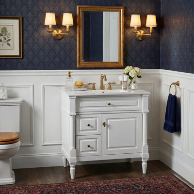 30" Freestanding Bathroom Vanity With Ceramic Sink, Solid Rubberwood Frame, Storage Cabinet With Flip Drawer & Storage Rack