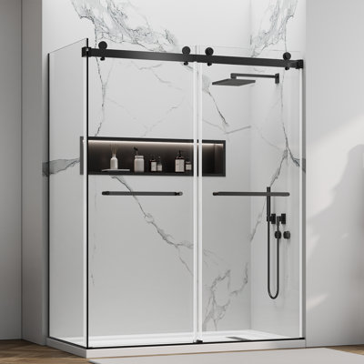 56-60" W x 32" D x76" H Frameless Shower Enclosure,Double Sliding Corner Shower Door,304 Stainless Steel Towel Bar Nano Coating Easy to Clean Tempered Glass , L-Shaped Glass Shower Door Matte Black