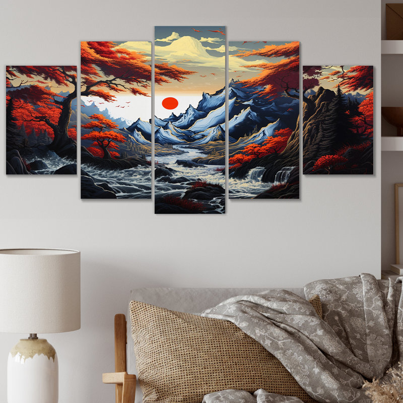 Charmant paysage asiatique - reproduction d'art mural chinois - 5 panneaux