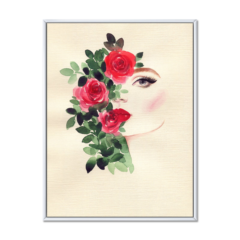 «Green Floral Glam Woman Portrait», reproduction d'art sur toile Glam, H 32 po x l 16 po x P 1 po, Cadre flottant blanc
