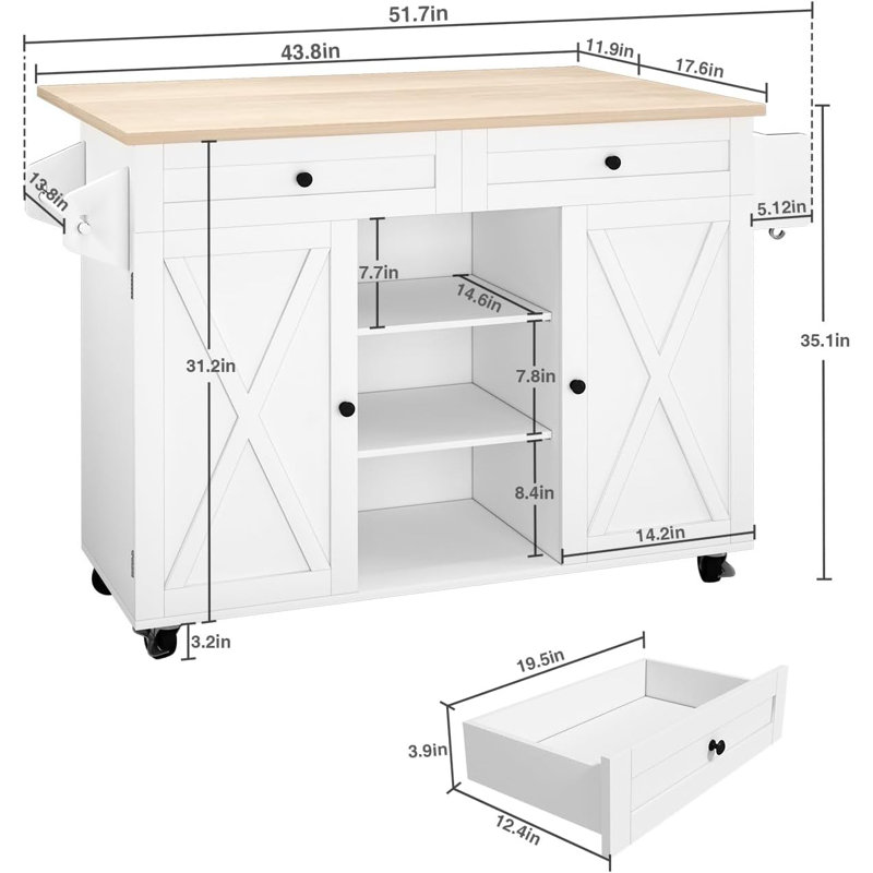 Jaye 51.7" Kitchen Island on Wheels with Storage Cabinet with Drop Leaf Countertop, White