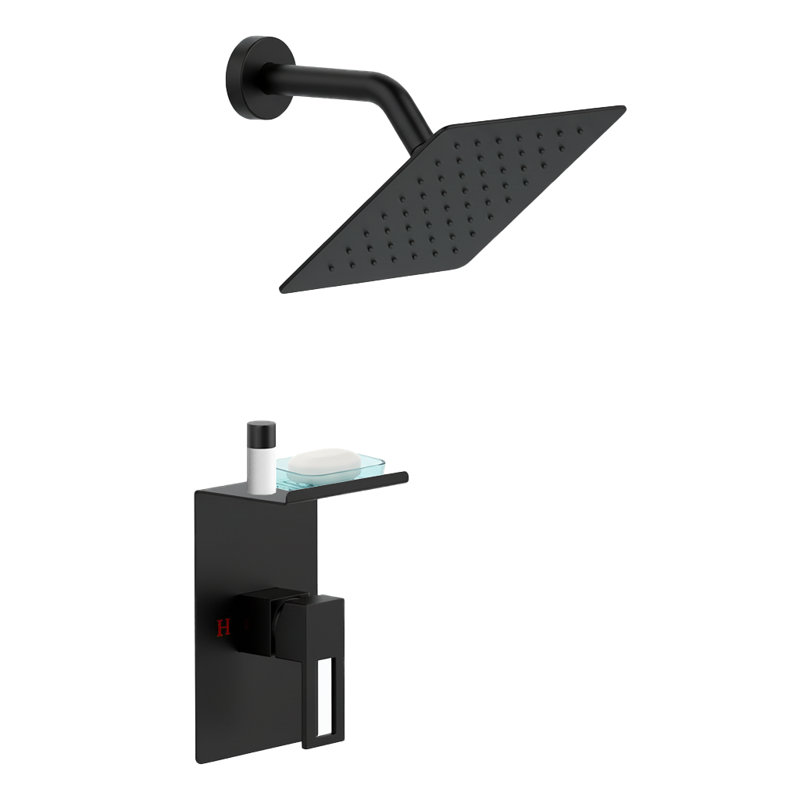 Wall Mounted Shower System with 8-Inch Rain Shower Head and Storage Shelf, Matte Black