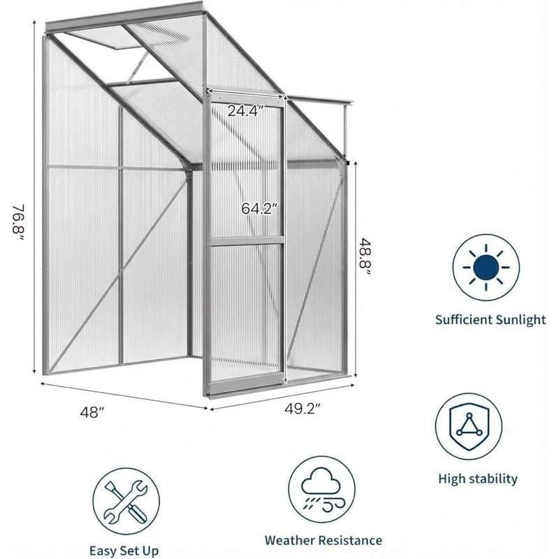 Heavy Duty Lean-to Polycarbonate Greenhouse with Walk-In Outdoor Plant Shelter, Adjustable Roof Vent & Sliding Aluminum Door for Winter Nursery or Patio, 4x4 FT (Original Color)
