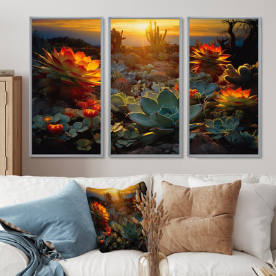 Succulent Desert Cactus Field Burning Sunset - Succulent Wall Art Set