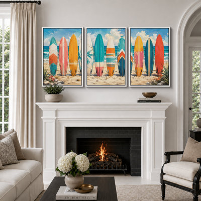 Colorful Coastal Surfboards Beach Artwork, Living Room Pictures, Framed Canvas Giclee Print 3 Pieces Wall Art