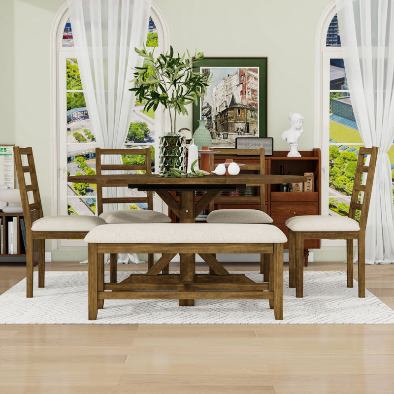 Ensemble de table de salle à manger extensible 6 pièces avec rallonge amovible, 4 chaises à dossier échelle et banc