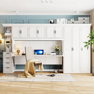 Lit escamotable simple avec armoire, bureau et bureau, blanc