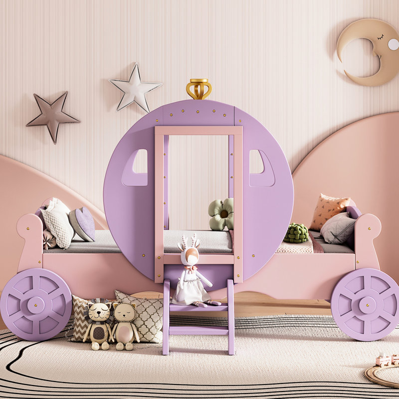 Lit de transport, couronne, taille simple, mauve et rose, structure solide de voiture plateforme en bois, escalier de poids de 350 lb, 10 lattes
