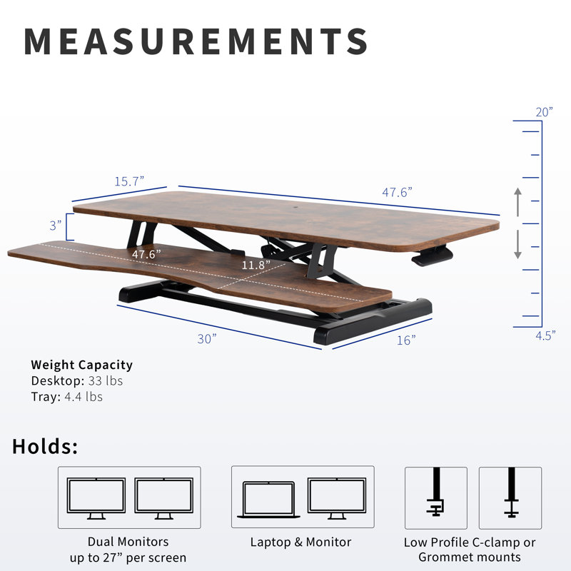 VIVO Height Adjustable 48" Standing Desk Monitor Riser, Vintage Brown, 47.6" W x 16" D