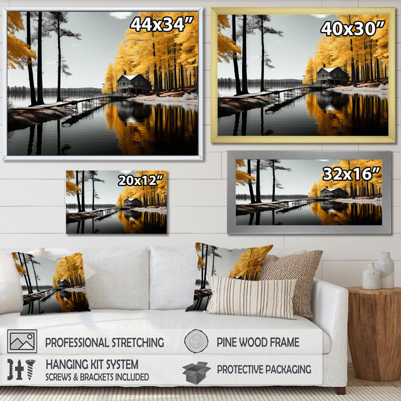 «Yellow Gray Lake Lakeside Retreat II», reproduction sur toile, 16" H x 32" W, Cadre flottant doré