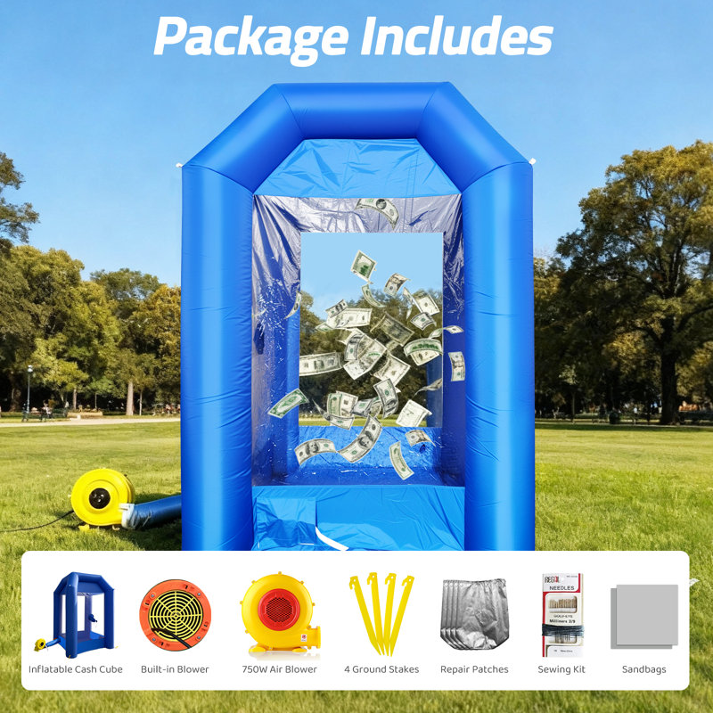 Cabine de caisse gonflable 5,2 x 5,2 x 8,5 pi avec 2 souffleurs - Jeu amusant pour les fêtes, les festivaux et les événements intérieurs / extérieurs (bleu)