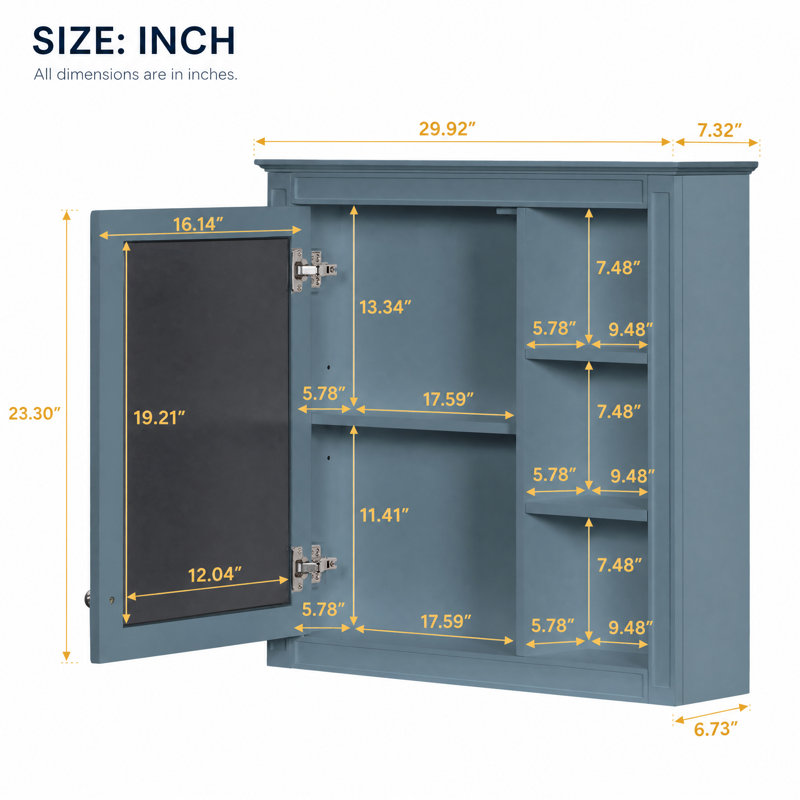 Armoire à pharmacie murale de 76 cm (30 po) avec miroir et 3 tablettes ouvertes, bleue, Blue