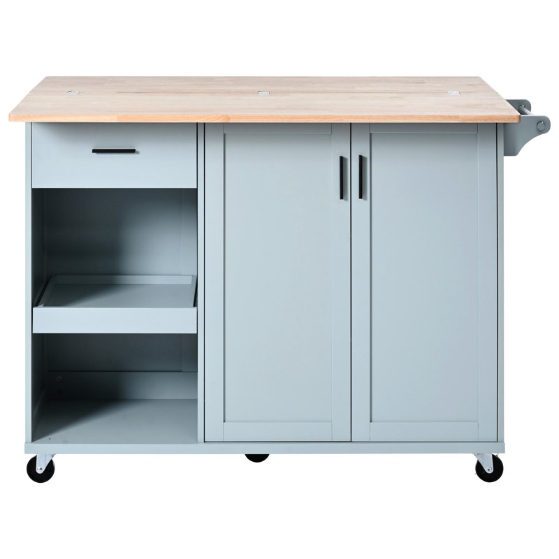 Grey Blue Rolling Kitchen Island With Storage. Soft-Close Hinges. 9.25" Package Height. Spacious Interior Foldable 47.24"X16.57" Counter And Drawer, Blue