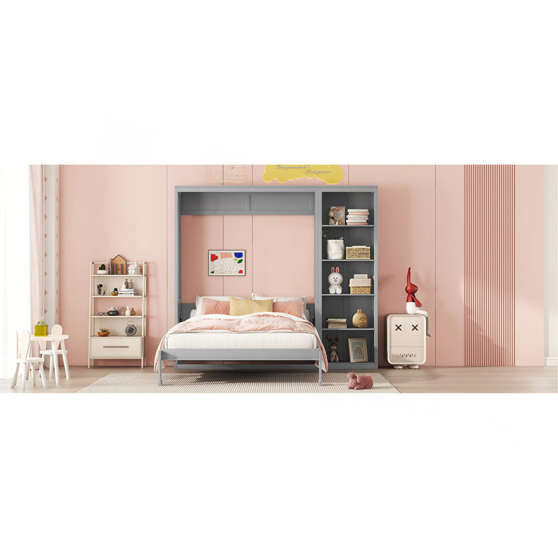 Lit escamotable double pleine grandeur avec tablettes, Gris