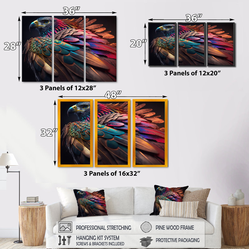 Macro Colorful Feather Eagle II - 3 pièces, reproduction sur toile, Noir, H 32 po x l 48 po x P 1 po