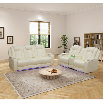 2-Piece Vegan Leather Power Reclining Living Room Sofa Set With Wireless Chargers And LED Lights