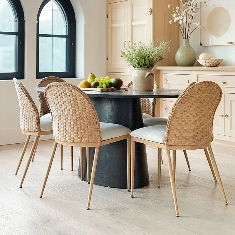 Coastal Woven Rattan Dining Chairs With Linen Seat (Set of 4)