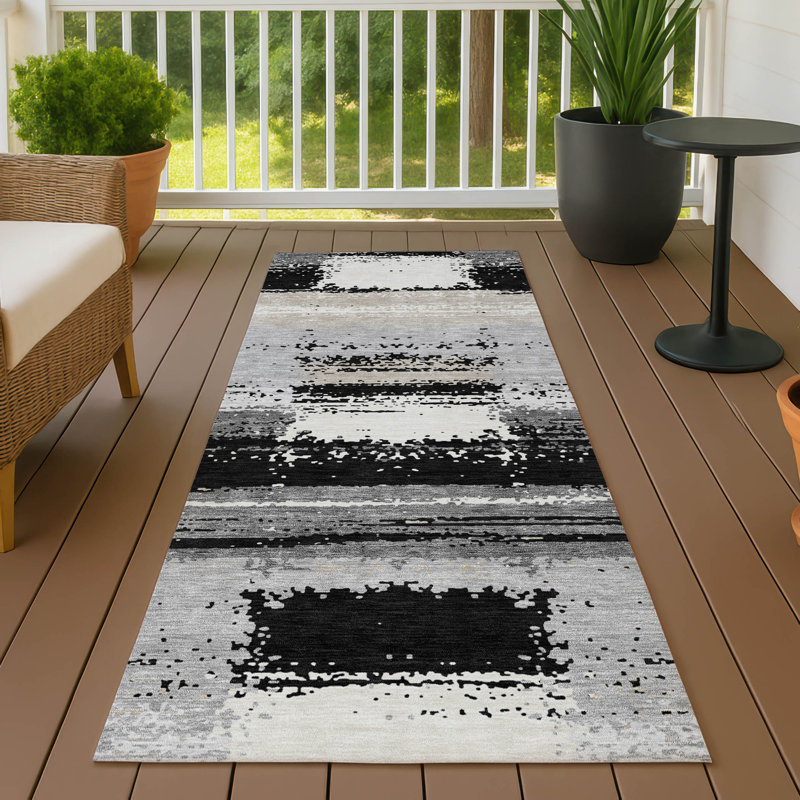 Machine Washable Indoor/Outdoor Chantille ACN2772 Squares Rug, 2'3" x 7'6" Runner, Black