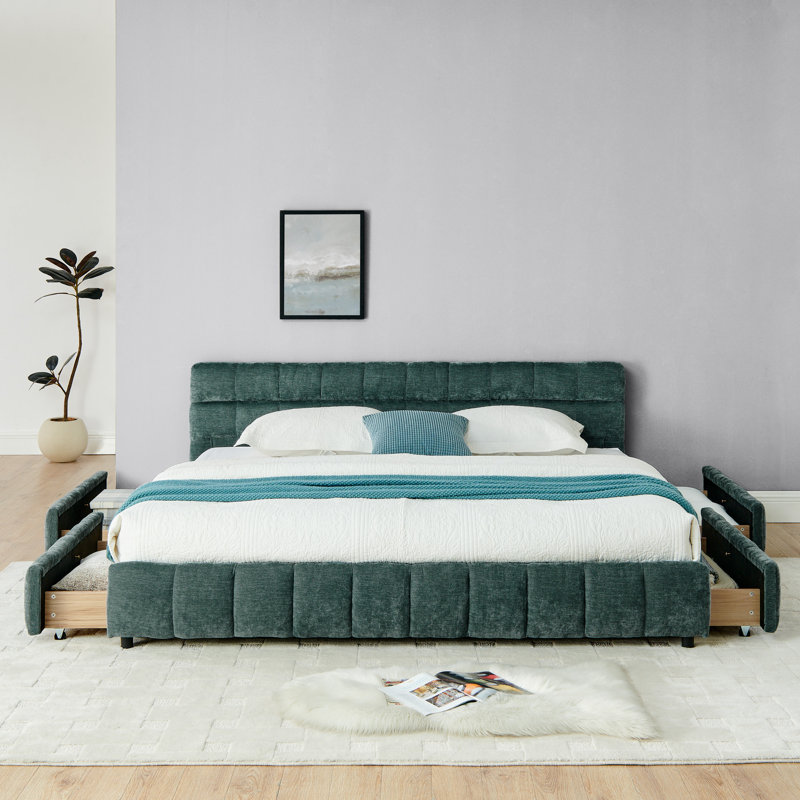  Très grand lit plateforme tapissier avec rangement, structure en chenille avec tête de lit, vert, Bleu, Très grand