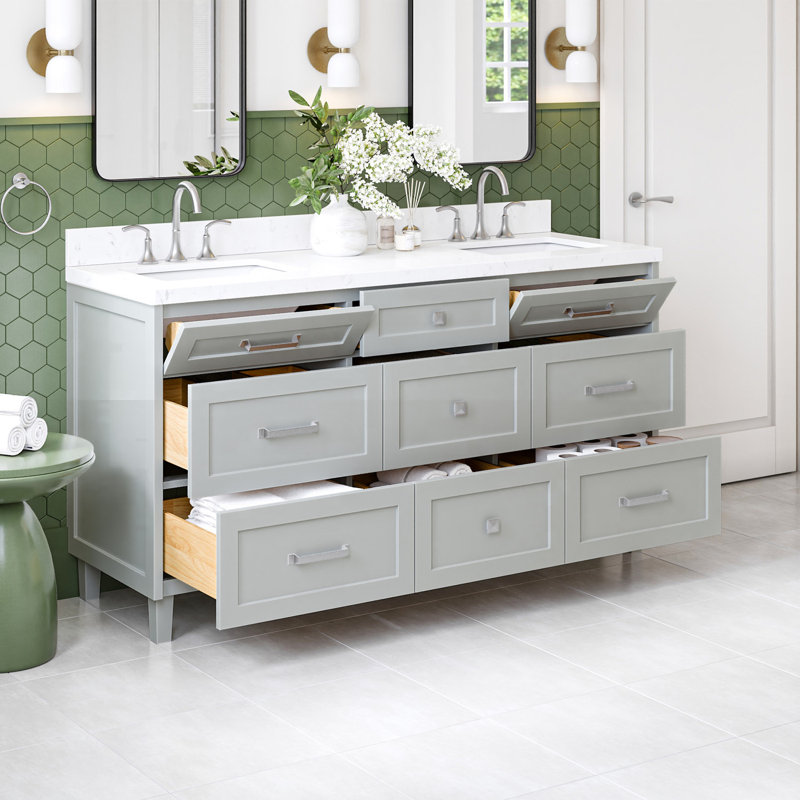 Ariel Monroe 66 Inch Double Rectangular Sink Bathroom Vanity With Carrara White Quartz Countertop, Gray