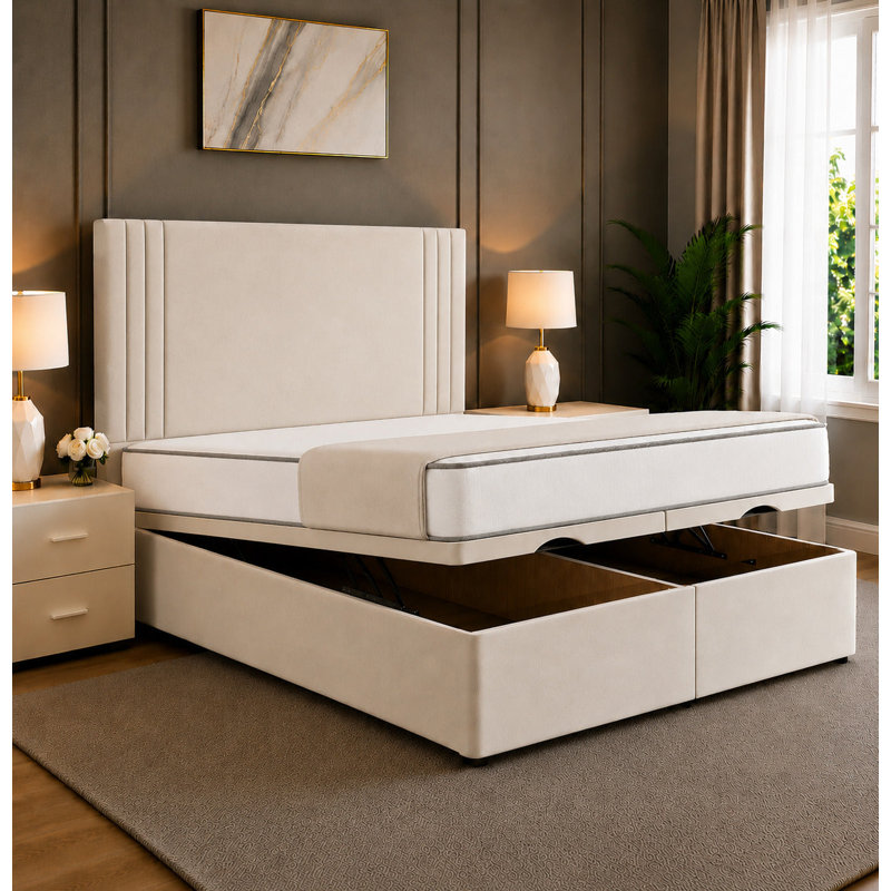 Elara Divan Ottoman Storage Bed Frame with Floor Standing Tufted Panel Headboard, 4FT6 Double Bed, Cream Plush Velvet