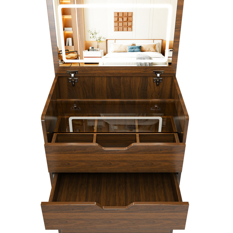 Bureau de coiffeuse rabattable avec éclairage DEL à 3 températures, miroir incassable, rangement dissimulé pour les soins de la peau, tabouret confortable, coiffeuse compacte en noyer, assemblage rapide, finition