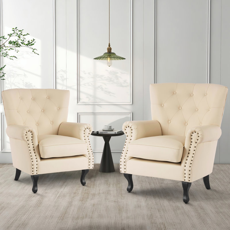 24"W Faux Leather Wingback Chair, Beige Faux Leather