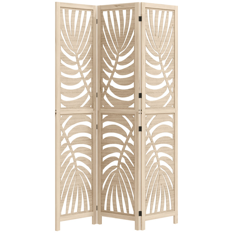 HOMCOM 3 Panel Privacy Screens with Palm Leaf Design, Natural Wood Finish