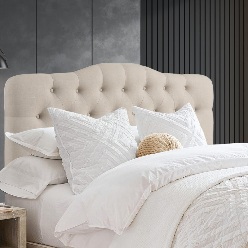 Linen Upholstered Headboard-Modern-Adjustable Height-Button Tufting, Beige, King