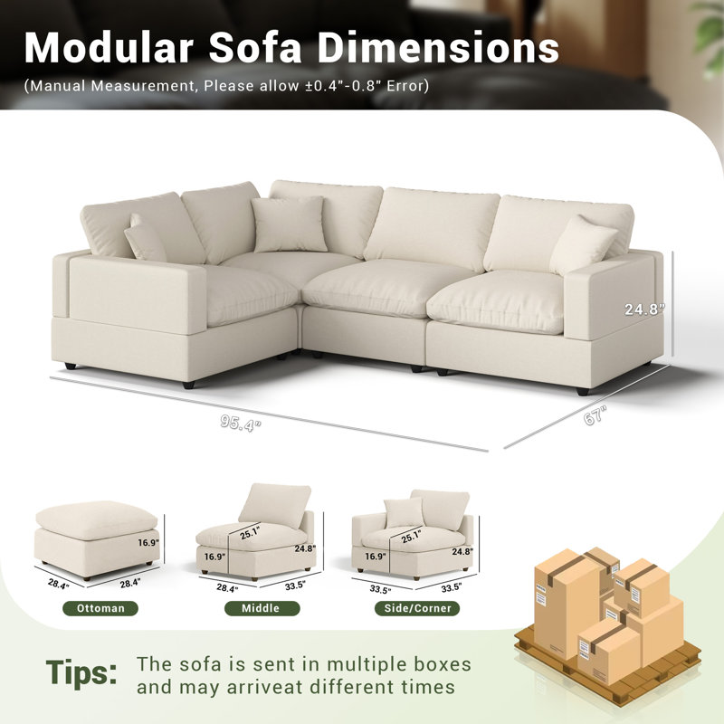 Upholstered Cloud Couch, Modular Sectional Sofa L-shaped Couch for Living Room Bedroom, Khaki
