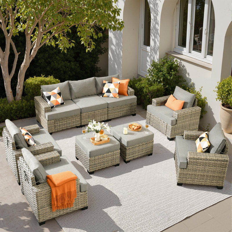 9 - Person Patio Furniture Set with Chairs, Outdoor Wicker Rattan Sectional Seating Group with Cushions, All Weather Sofa Conversation Set with Ottomans for Garden Backyard