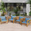 Fauteuil club d'extérieur en bois avec coussins bleus, conversation, chaise ergonomique confortable et confortable de 4 pièces, idéale pour les patios et les jardins, finition, assemblage facile