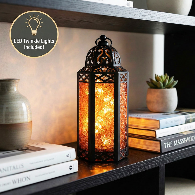 Decorative Moroccan Candle Lantern with LED Fairy Lights, Black/Amber, 10" H x 4.4" W x 3.8" D