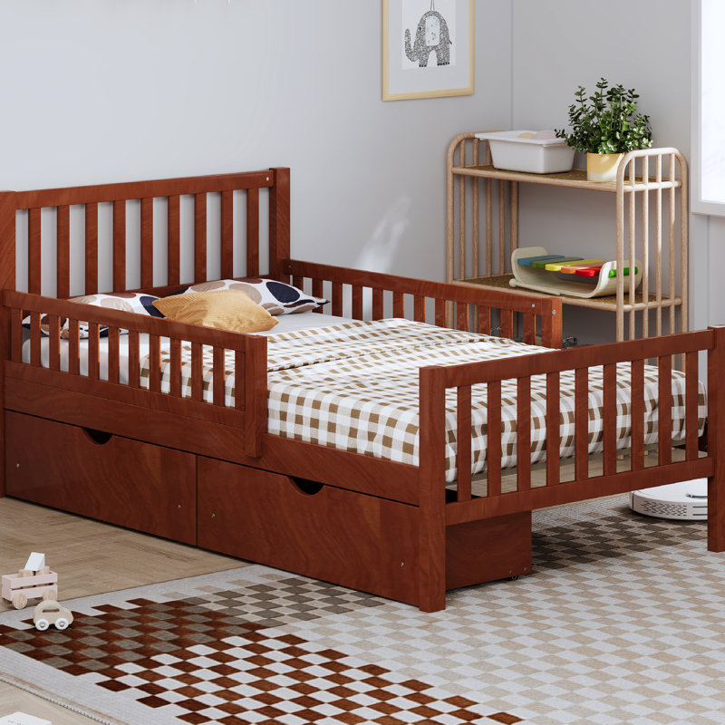 Lit plateforme simple en pin et noyer avec barrières de sécurité latérales et deux grands tiroirs de rangement, fini lisse, construction robuste, 8 lattes en bois massif, meuble gain de place pour la chambre