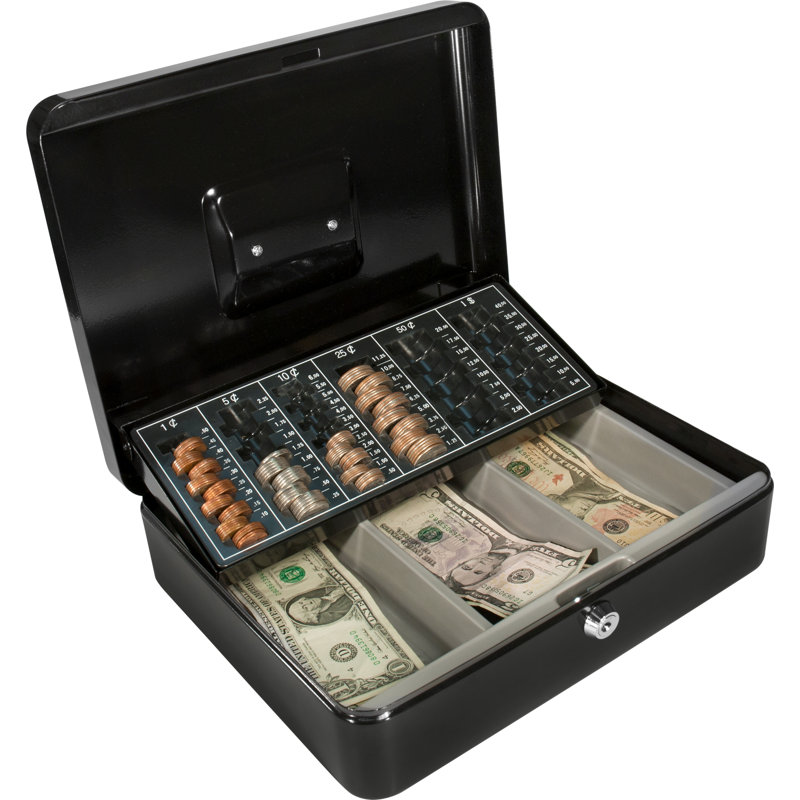 Black Steel 12-Inch Cash Box with Key Lock and Coin Trays