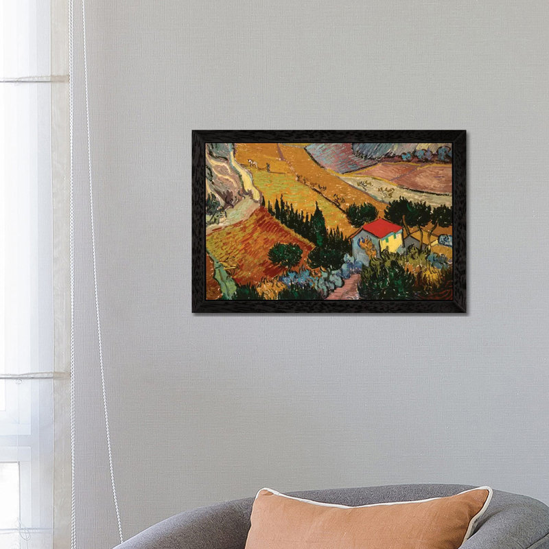 Landscape with House and Ploughman, 1889 by Vincent Van Gogh - 1 Piece Floater Frame Painting on Canvas, Black Framed