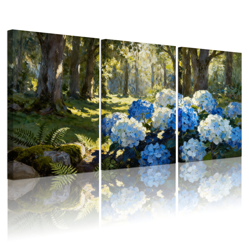 Hortensia forêt, fleurs bleues claires, arbres verts, ensemble de 3 impressions sur toile, H 18 po x l 36 po