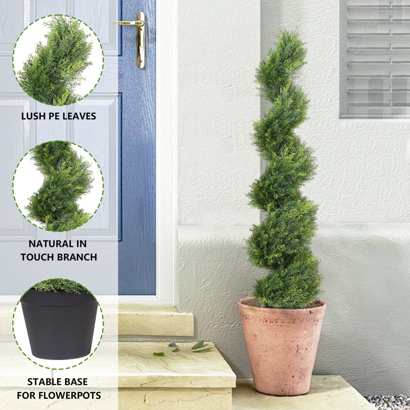 Artificial Potted Spiral Cedar Topiary, Green, 48" H x 11" W
